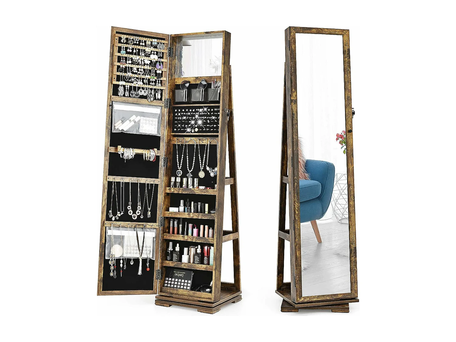 Armoire à Bijoux Pivotante à 360 Degrés, Organisateur de Bijoux sur Pieds, avec Grand Miroir Psyché et Etagère de Rangement à L’Arrière (Brun Rustique)