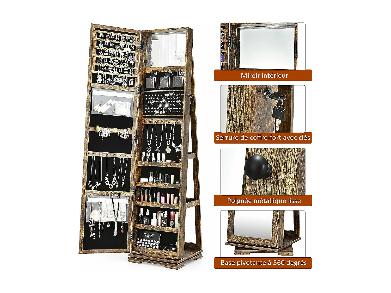Armoire à Bijoux Pivotante à 360 Degrés, Organisateur de Bijoux sur Pieds, avec Grand Miroir Psyché et Etagère de Rangement à L’Arrière (Brun Rustique)
