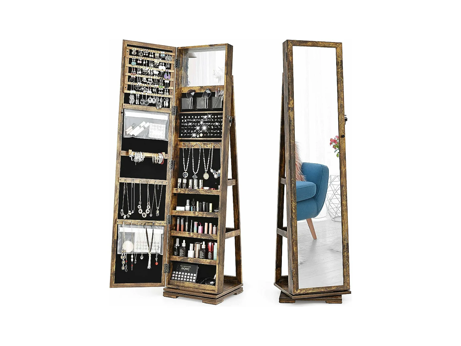Armoire à Bijoux Pivotante à 360 Degrés, Organisateur de Bijoux sur Pieds, avec Grand Miroir Psyché et Etagère de Rangement à L’Arrière (Brun Rustique)