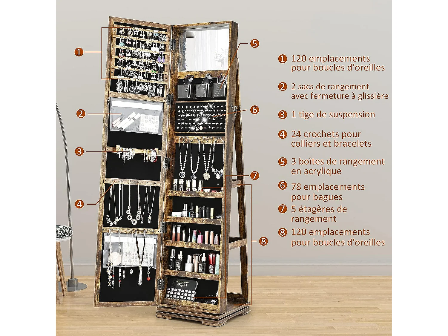 Armoire à Bijoux Pivotante à 360 Degrés, Organisateur de Bijoux sur Pieds, avec Grand Miroir Psyché et Etagère de Rangement à L’Arrière (Brun Rustique)