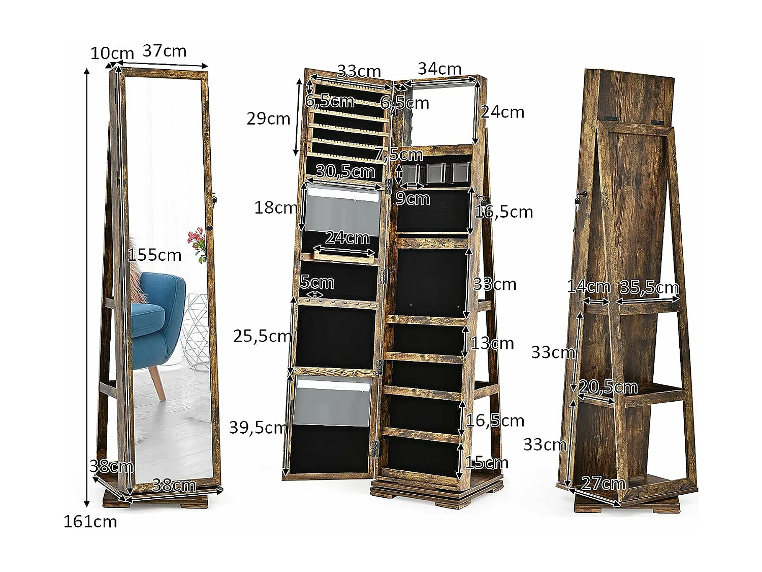 Armoire à Bijoux Pivotante à 360 Degrés, Organisateur de Bijoux sur Pieds, avec Grand Miroir Psyché et Etagère de Rangement à L’Arrière (Brun Rustique)