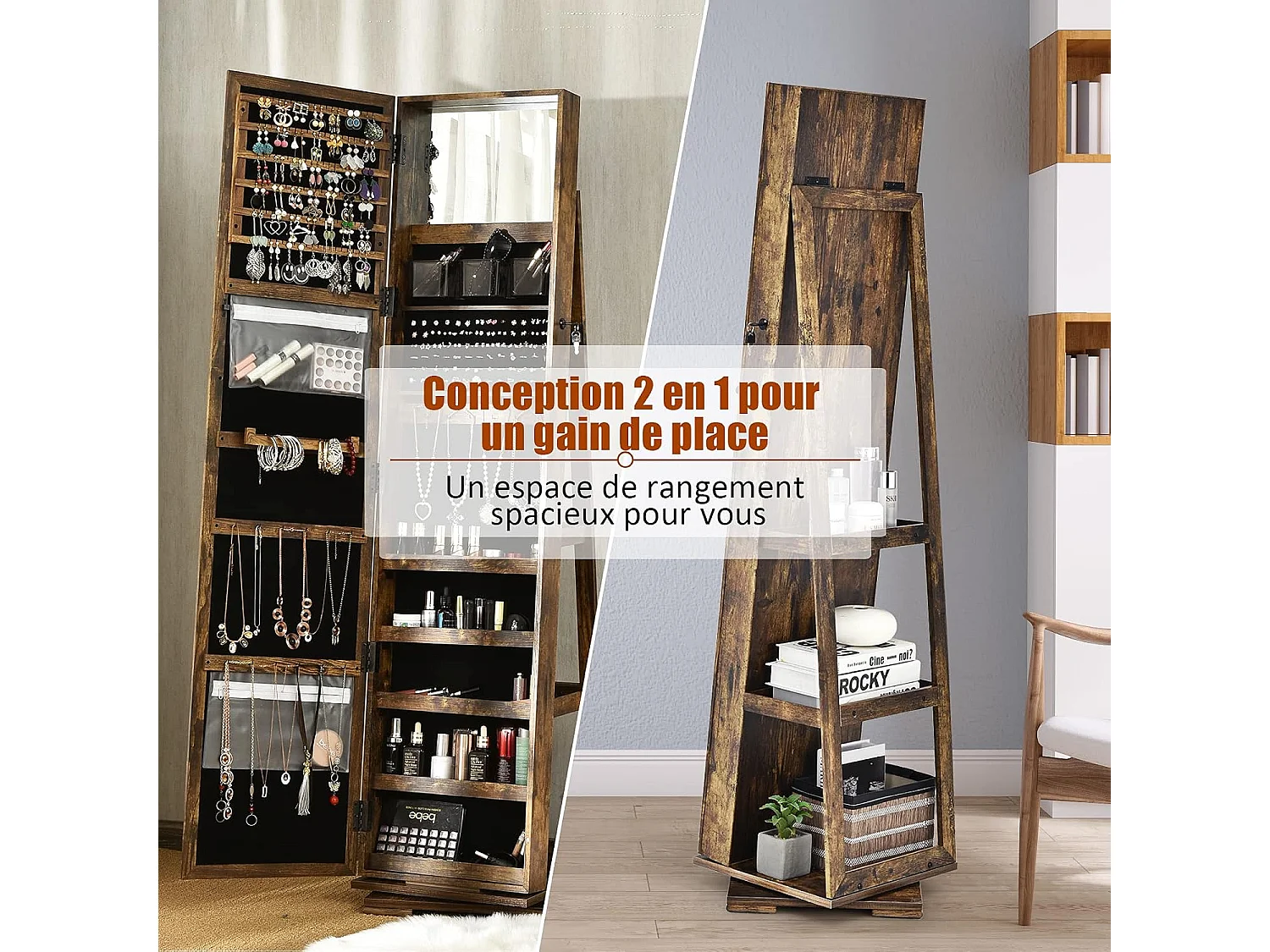 Armoire à Bijoux Pivotante à 360 Degrés, Organisateur de Bijoux sur Pieds, avec Grand Miroir Psyché et Etagère de Rangement à L’Arrière (Brun Rustique)