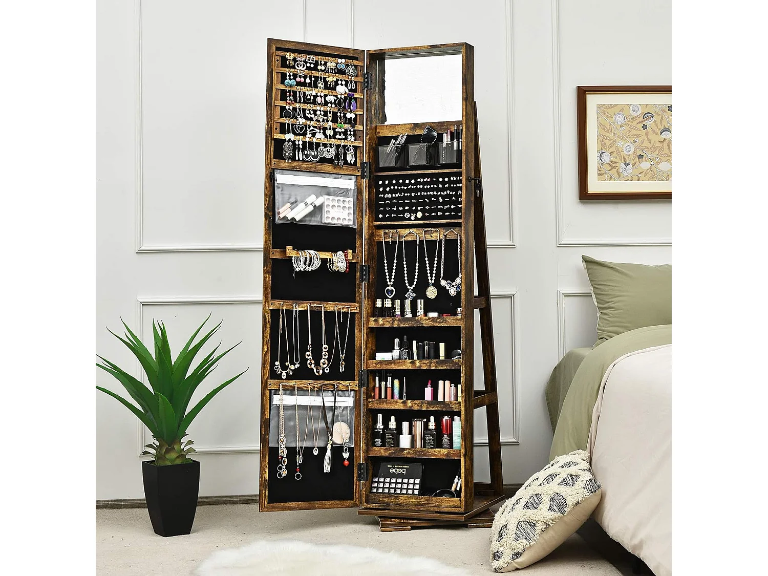 Armoire à Bijoux Pivotante à 360 Degrés, Organisateur de Bijoux sur Pieds, avec Grand Miroir Psyché et Etagère de Rangement à L’Arrière (Brun Rustique)