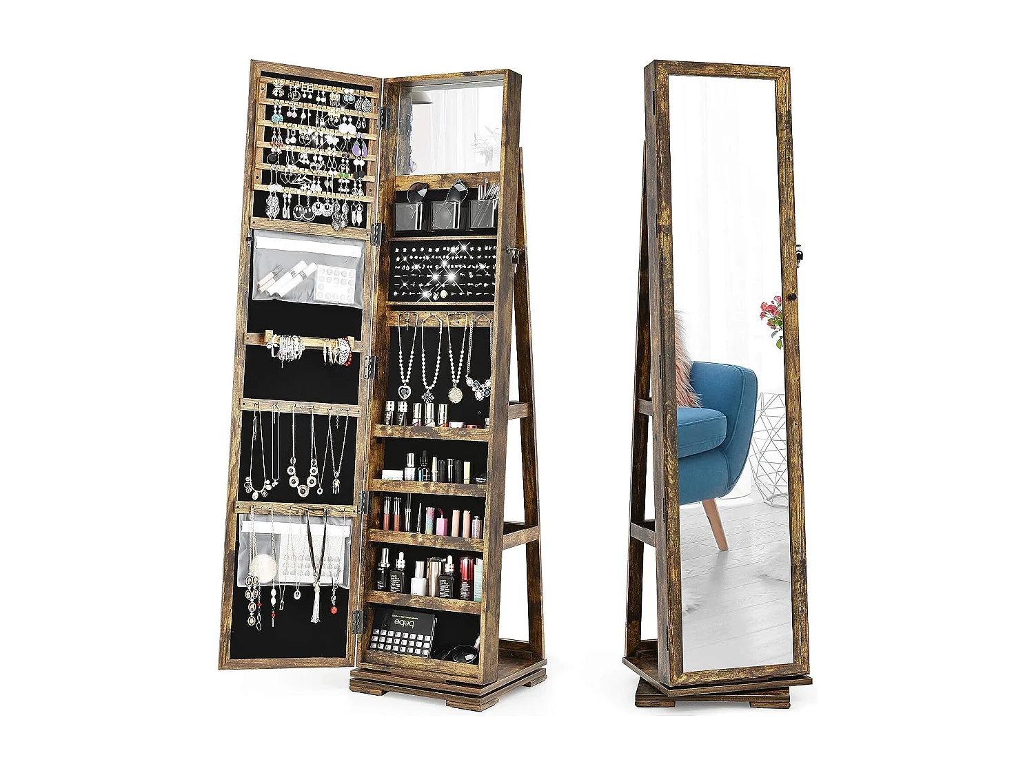 Armoire à Bijoux Pivotante à 360 Degrés, Organisateur de Bijoux sur Pieds, avec Grand Miroir Psyché et Etagère de Rangement à L’Arrière (Brun Rustique)