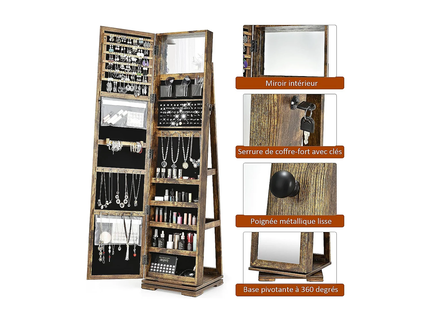 Armoire à Bijoux Pivotante à 360 Degrés, Organisateur de Bijoux sur Pieds, avec Grand Miroir Psyché et Etagère de Rangement à L’Arrière (Brun Rustique)