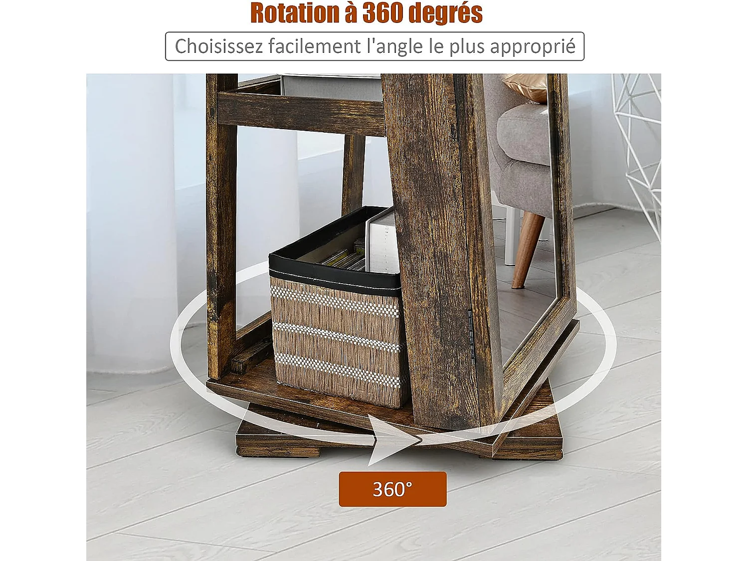 Armoire à Bijoux Pivotante à 360 Degrés, Organisateur de Bijoux sur Pieds, avec Grand Miroir Psyché et Etagère de Rangement à L’Arrière (Brun Rustique)