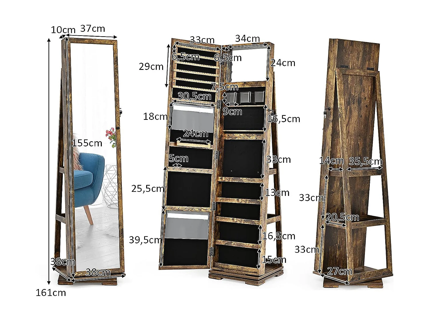 Armoire à Bijoux Pivotante à 360 Degrés, Organisateur de Bijoux sur Pieds, avec Grand Miroir Psyché et Etagère de Rangement à L’Arrière (Brun Rustique)