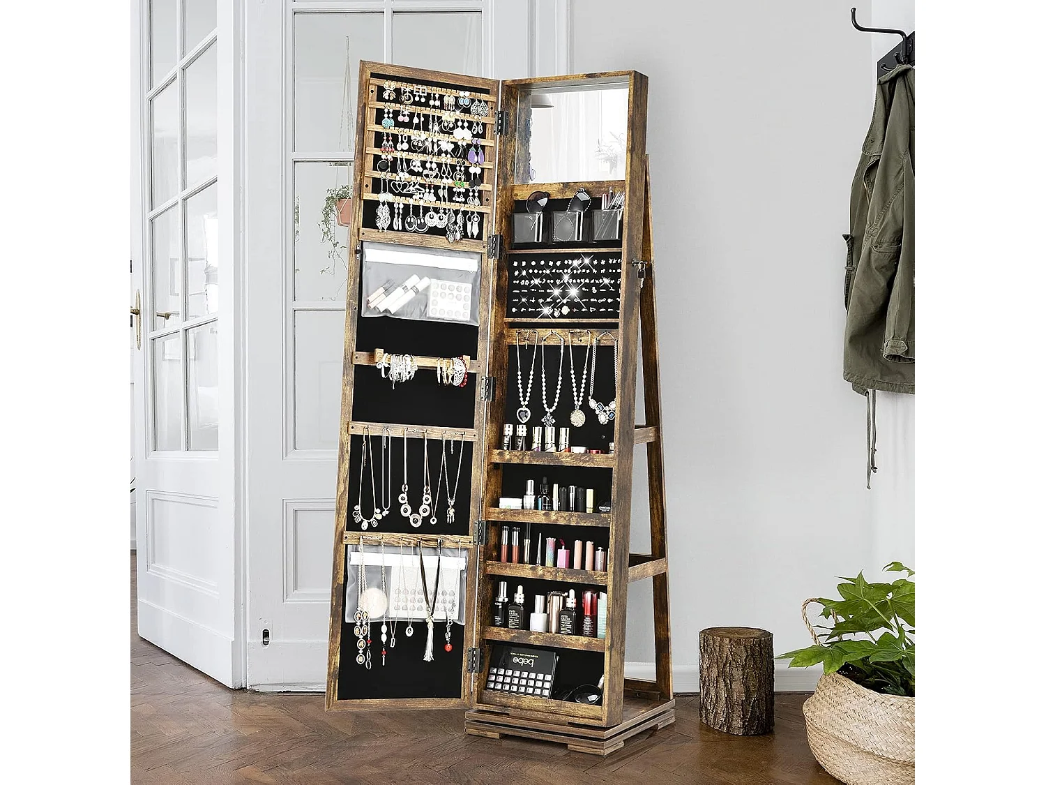 Armoire à Bijoux Pivotante à 360 Degrés, Organisateur de Bijoux sur Pieds, avec Grand Miroir Psyché et Etagère de Rangement à L’Arrière (Brun Rustique)