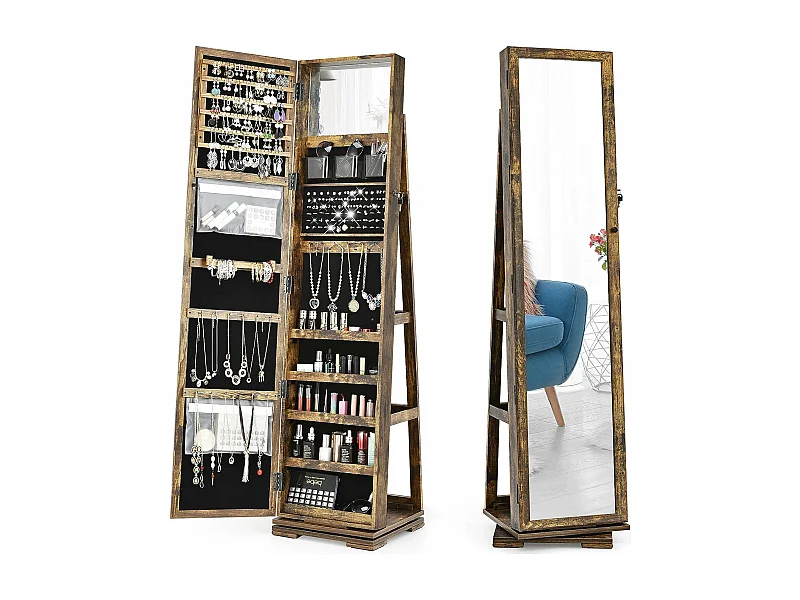 Armoire à Bijoux Pivotante à 360 Degrés, Organisateur de Bijoux sur Pieds, avec Grand Miroir Psyché et Etagère de Rangement à L’Arrière (Brun Rustique)