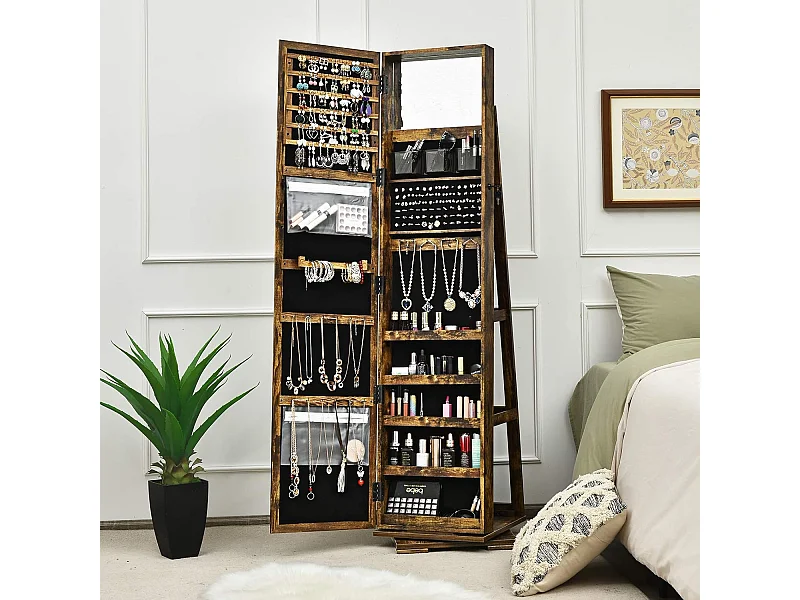 Armoire à Bijoux Pivotante à 360 Degrés, Organisateur de Bijoux sur Pieds, avec Grand Miroir Psyché et Etagère de Rangement à L’Arrière (Brun Rustique)