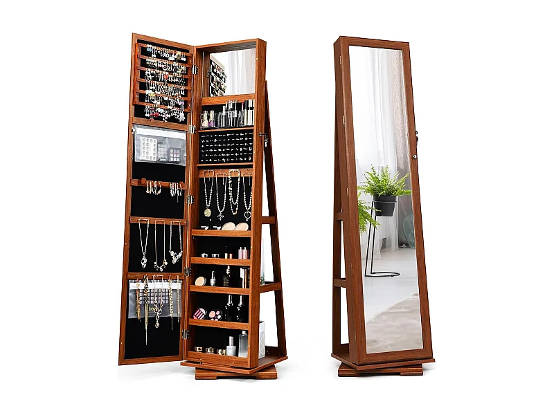 Armoire à Bijoux Pivotante à 360 Degrés, Organisateur de Bijoux sur Pieds, avec Grand Miroir Psyché et Etagère de Rangement à L’Arrière (Café)