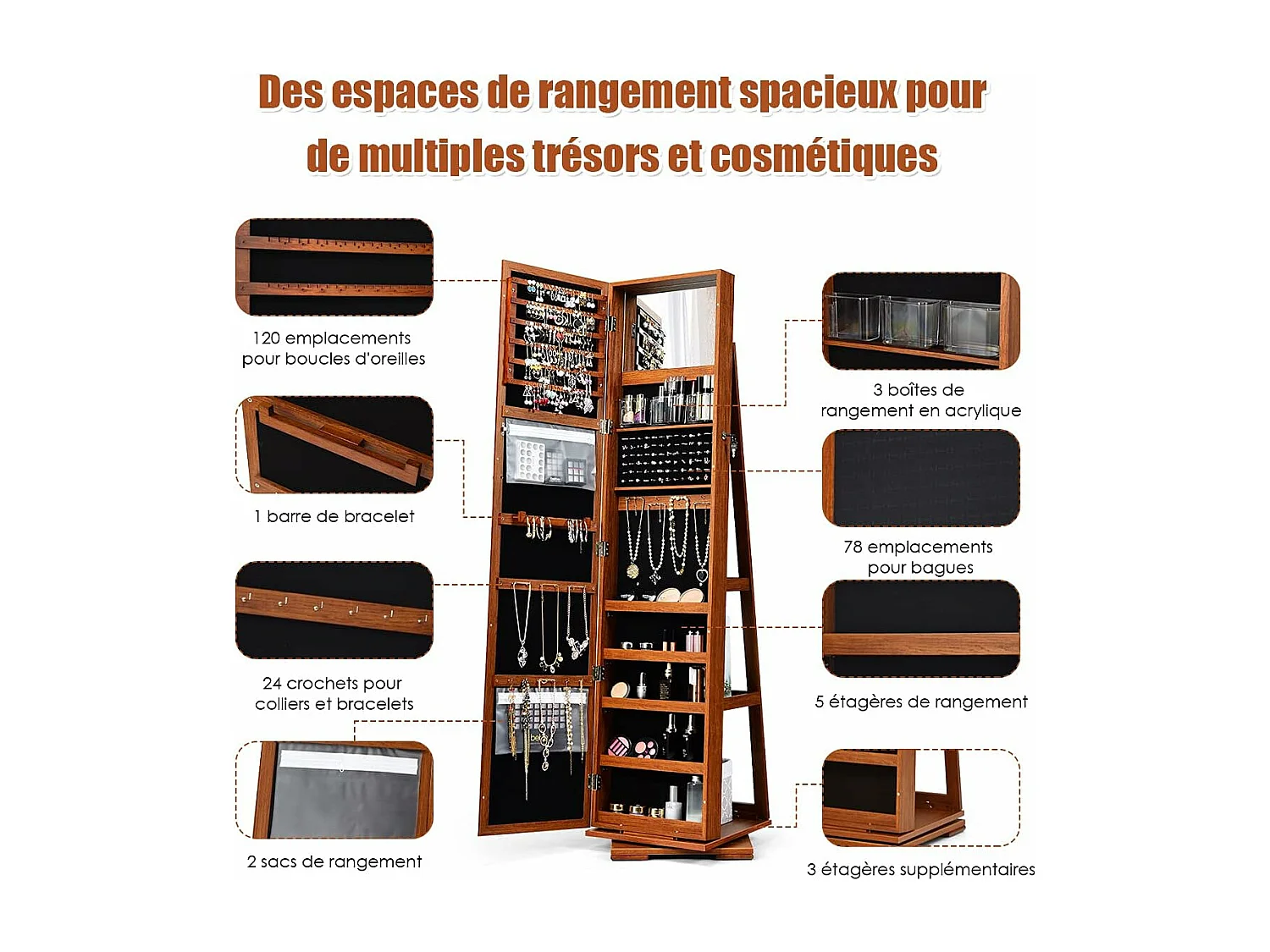 Armoire à Bijoux Pivotante à 360 Degrés, Organisateur de Bijoux sur Pieds, avec Grand Miroir Psyché et Etagère de Rangement à L’Arrière (Café)