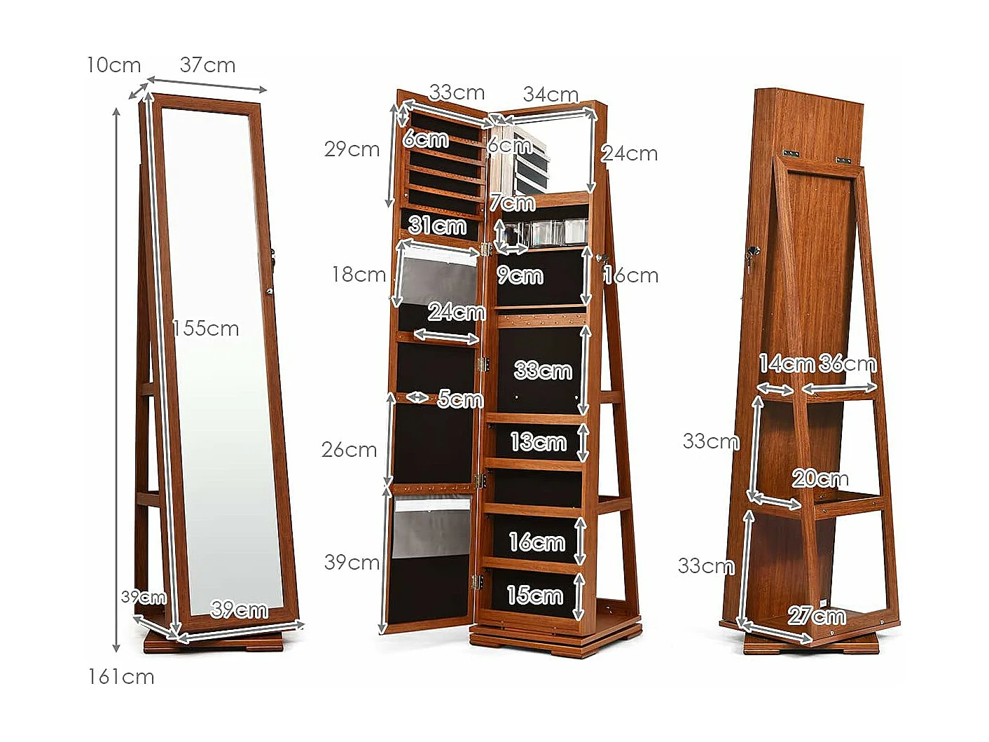 Armoire à Bijoux Pivotante à 360 Degrés, Organisateur de Bijoux sur Pieds, avec Grand Miroir Psyché et Etagère de Rangement à L’Arrière (Café)