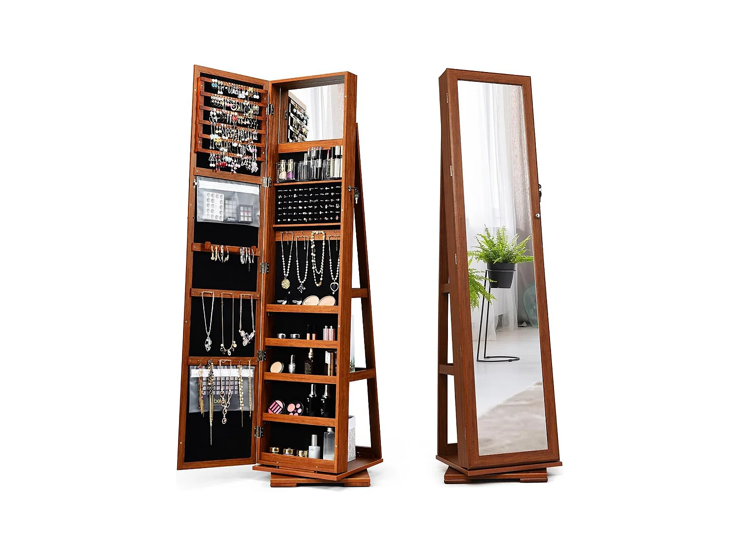 Armoire à Bijoux Pivotante à 360 Degrés, Organisateur de Bijoux sur Pieds, avec Grand Miroir Psyché et Etagère de Rangement à L’Arrière (Café)