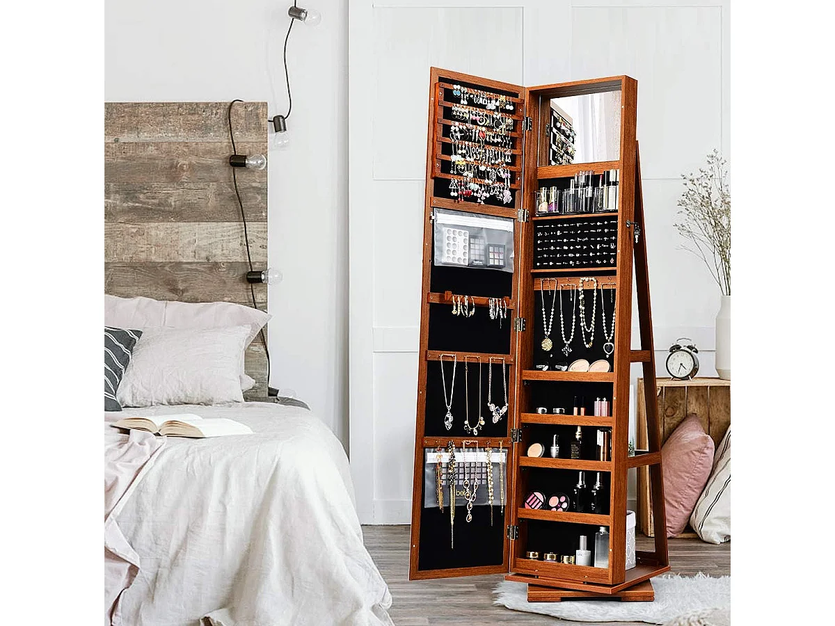 Armoire à Bijoux Pivotante à 360 Degrés, Organisateur de Bijoux sur Pieds, avec Grand Miroir Psyché et Etagère de Rangement à L’Arrière (Café)