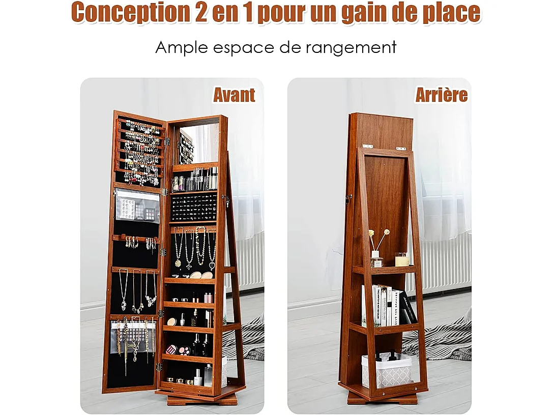 Armoire à Bijoux Pivotante à 360 Degrés, Organisateur de Bijoux sur Pieds, avec Grand Miroir Psyché et Etagère de Rangement à L’Arrière (Café)