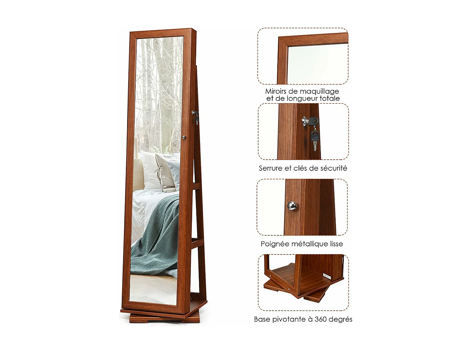 Armoire à Bijoux Pivotante à 360 Degrés, Organisateur de Bijoux sur Pieds, avec Grand Miroir Psyché et Etagère de Rangement à L’Arrière (Café)
