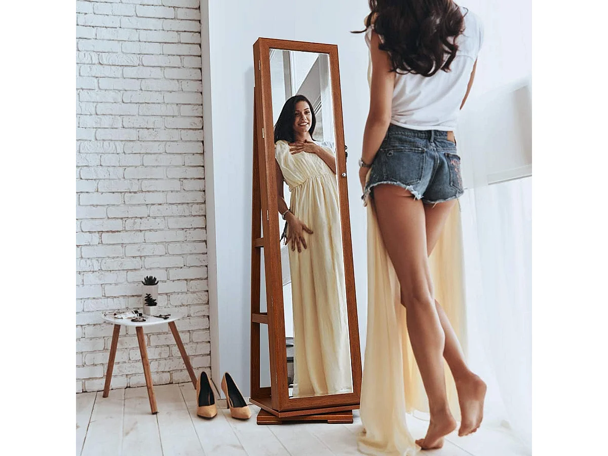 Armoire à Bijoux Pivotante à 360 Degrés, Organisateur de Bijoux sur Pieds, avec Grand Miroir Psyché et Etagère de Rangement à L’Arrière (Café)