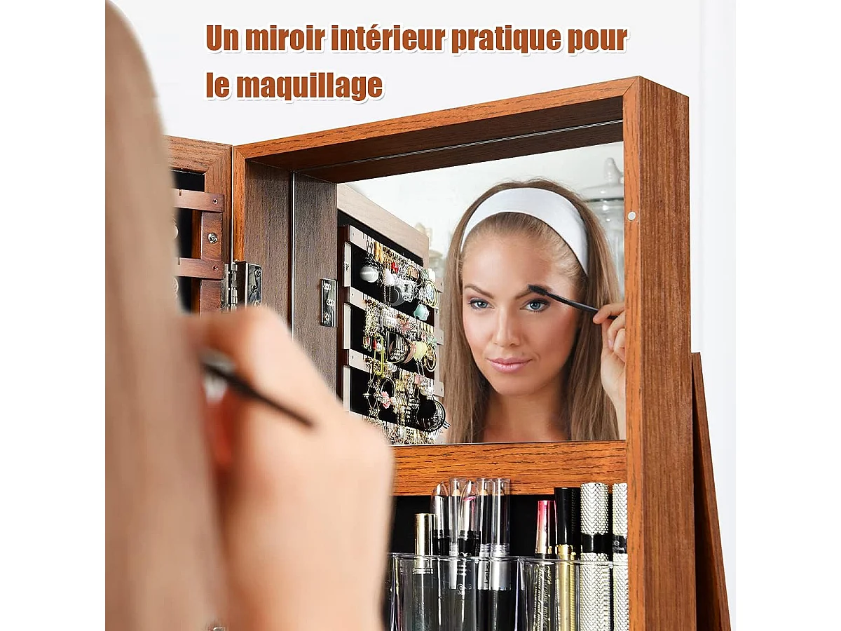 Armoire à Bijoux Pivotante à 360 Degrés, Organisateur de Bijoux sur Pieds, avec Grand Miroir Psyché et Etagère de Rangement à L’Arrière (Café)