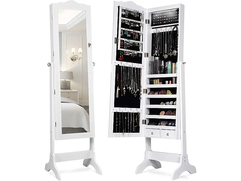 Armoire à bijoux sur pied avec 14 lampes led, verrouillable, réglable à 4 angles avec 2 tiroirs