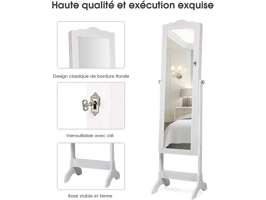 Armoire à bijoux sur pied avec 14 lampes led, verrouillable, réglable à 4 angles avec 2 tiroirs