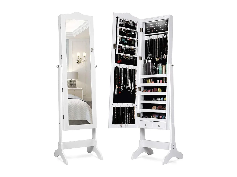 Armoire à bijoux sur pied avec 14 lampes led, verrouillable, réglable à 4 angles avec 2 tiroirs