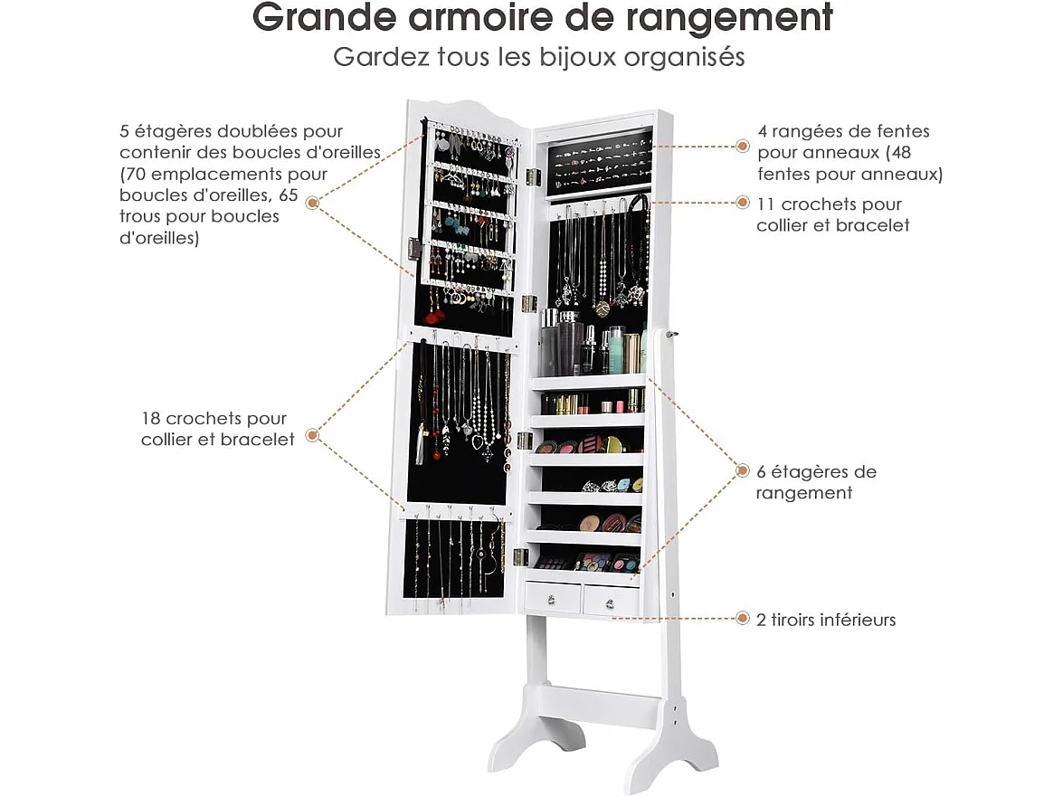 Armoire à bijoux sur pied avec 14 lampes led, verrouillable, réglable à 4 angles avec 2 tiroirs
