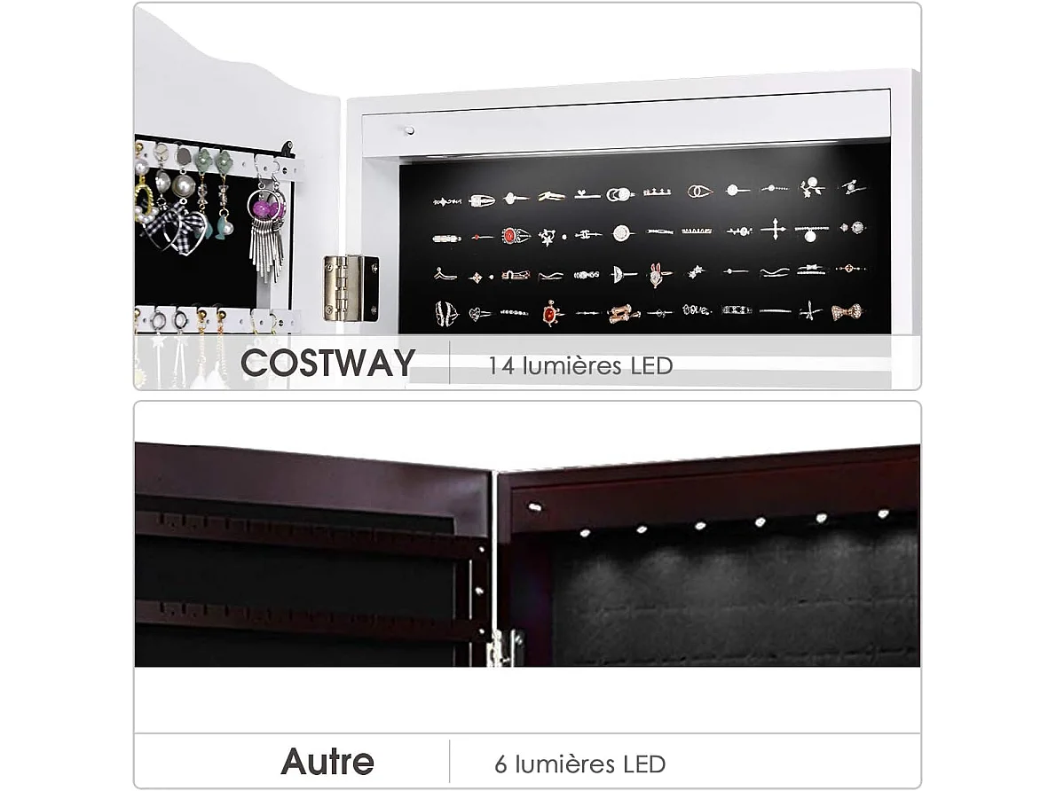 Armoire à bijoux sur pied avec 14 lampes led, verrouillable, réglable à 4 angles avec 2 tiroirs