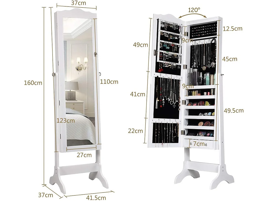 Armoire à bijoux sur pied avec 14 lampes led, verrouillable, réglable à 4 angles avec 2 tiroirs