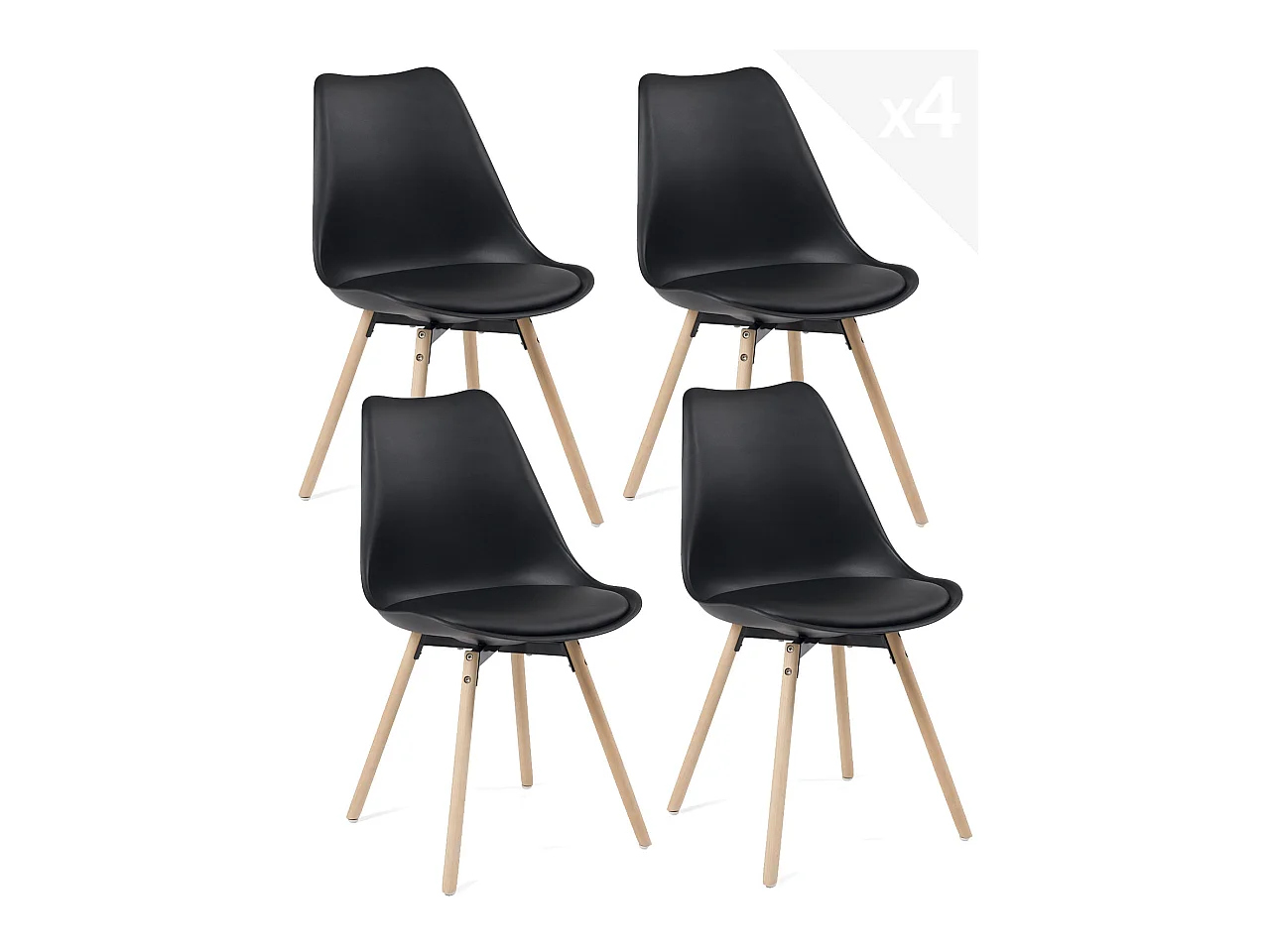 Lot 4 chaises scandinaves cuisine coussin simili cuir pieds bois clair MIA (noir)