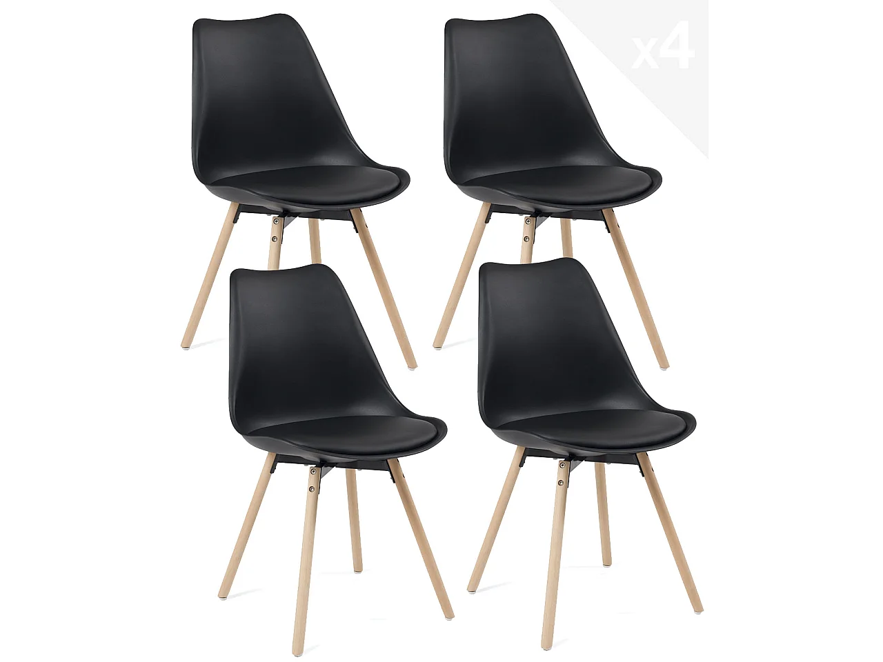Lot 4 chaises scandinaves cuisine coussin simili cuir pieds bois clair MIA (noir)