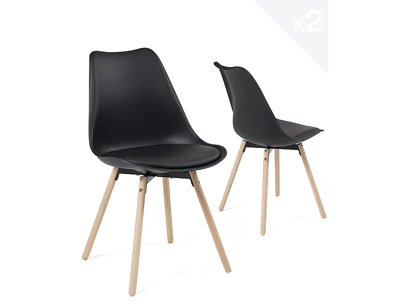 Lot 2 chaises scandinaves cuisine coussin simili cuir pieds bois clair MIA (noir)