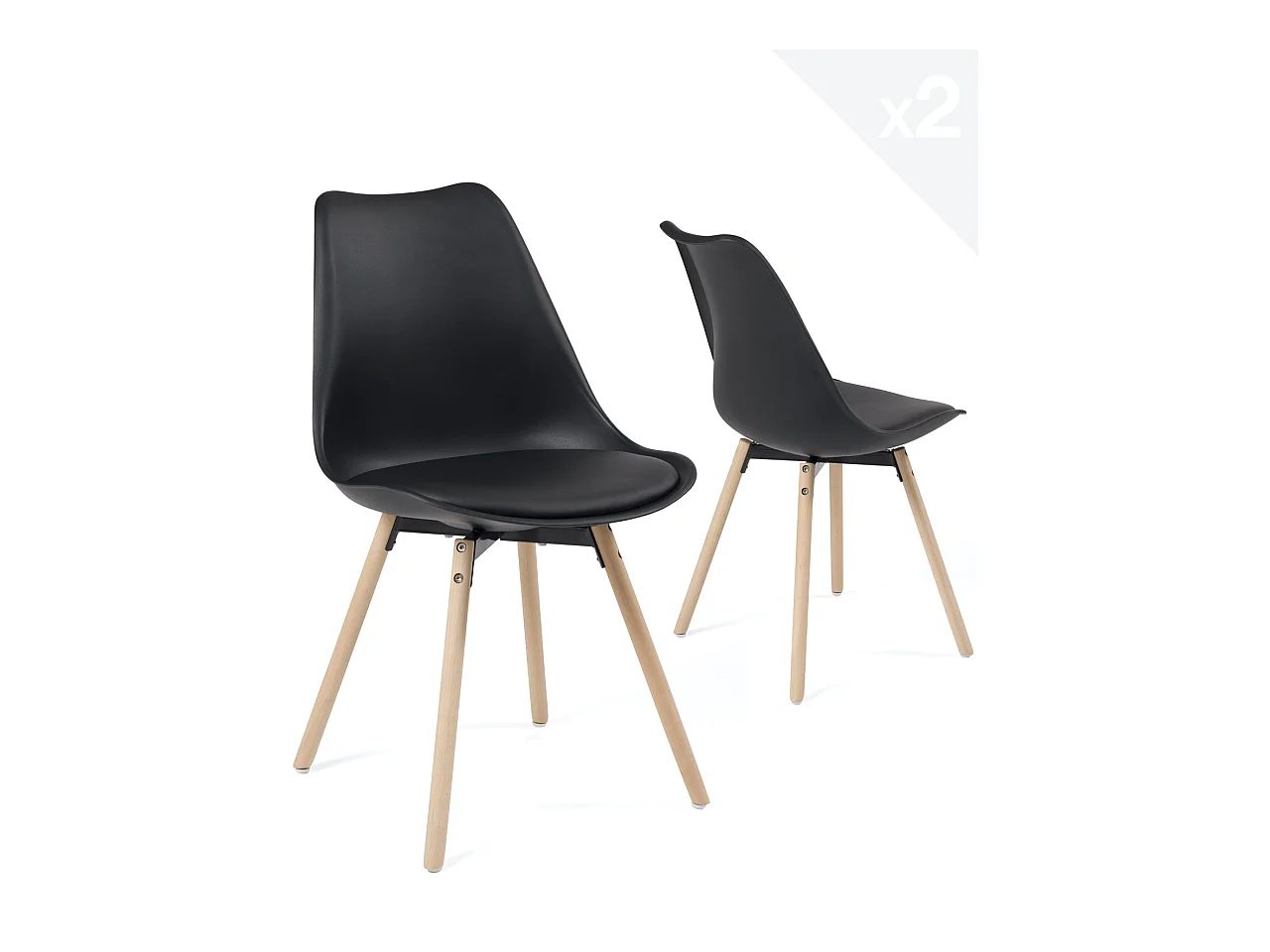 Lot 2 chaises scandinaves cuisine coussin simili cuir pieds bois clair MIA (noir)