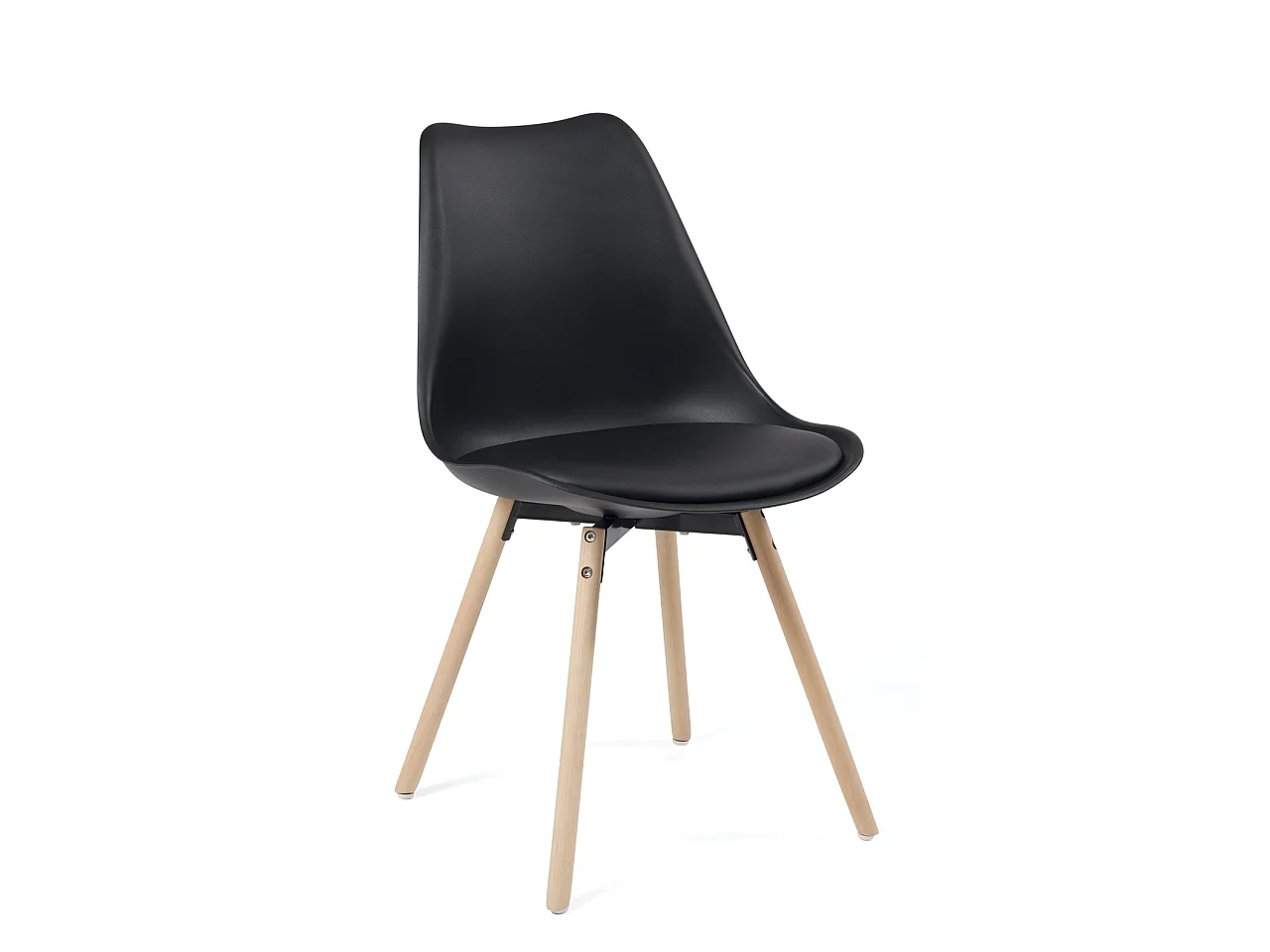 Lote de 2 sillas escandinavas de cocina. Asiento de plástico flexible con cojín de cuero sintético, patas de madera de haya clara MIA (negro)