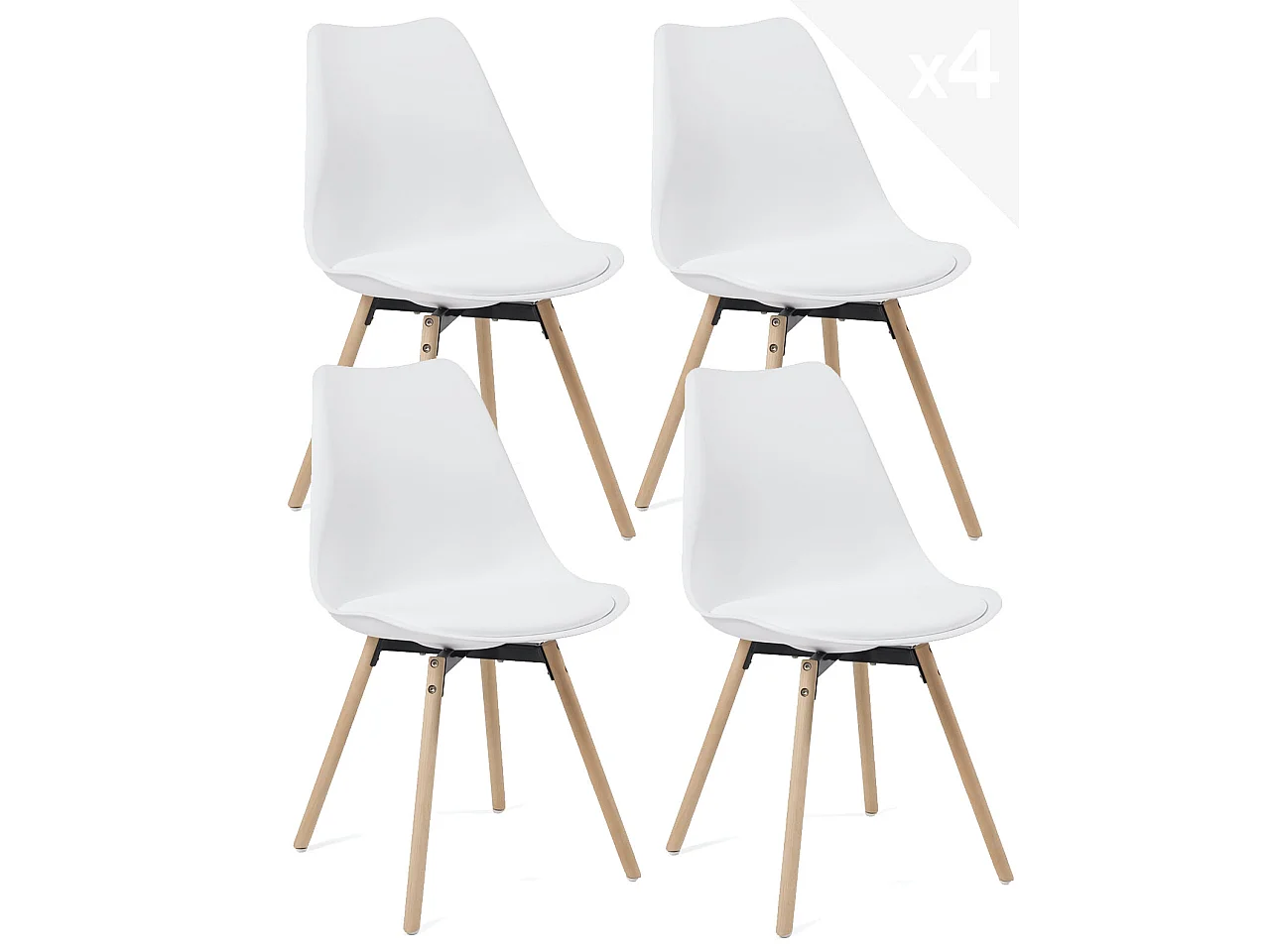 Lot 4 chaises scandinaves cuisine coussin simili cuir pieds bois clair MIA (blanc)