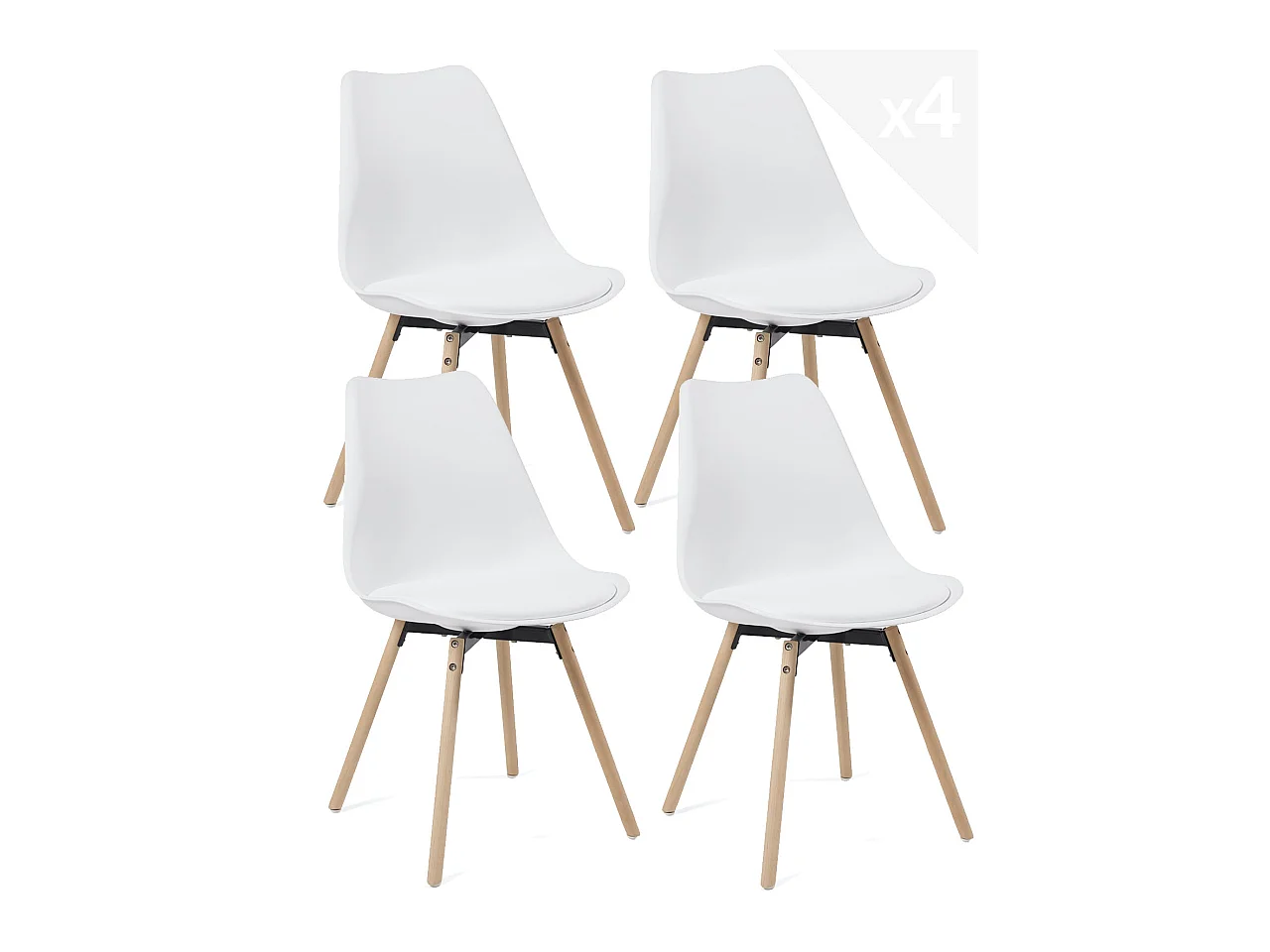 Lot 4 chaises scandinaves cuisine coussin simili cuir pieds bois clair MIA (blanc)
