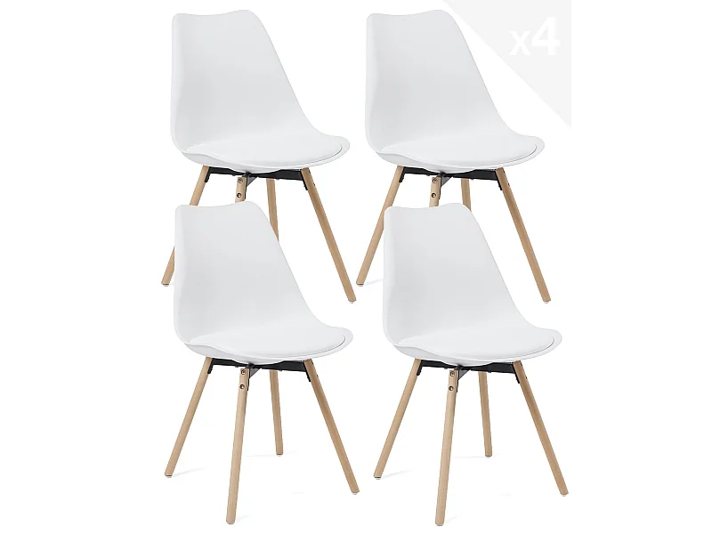 Lot 4 chaises scandinaves cuisine coussin simili cuir pieds bois clair MIA (blanc)