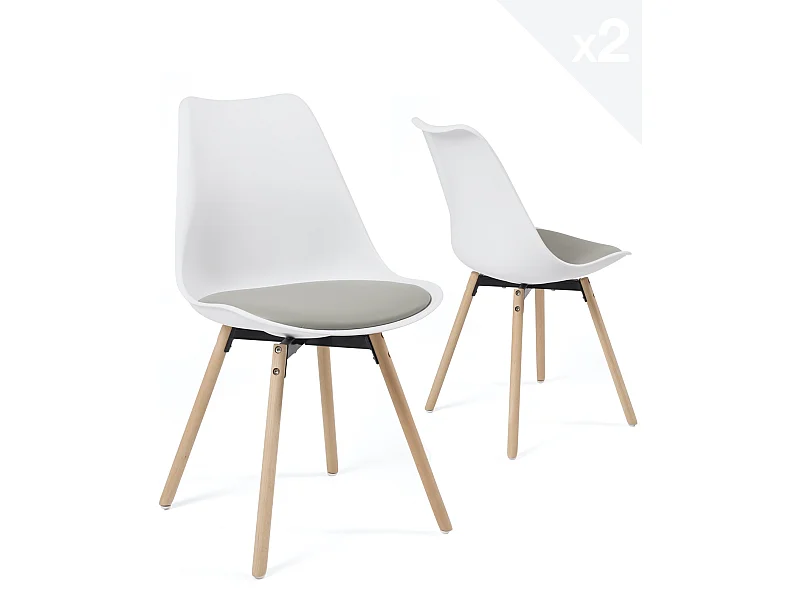 Lot 2 chaises scandinaves cuisine coussin simili cuir pieds bois clair MIA (blanc gris)