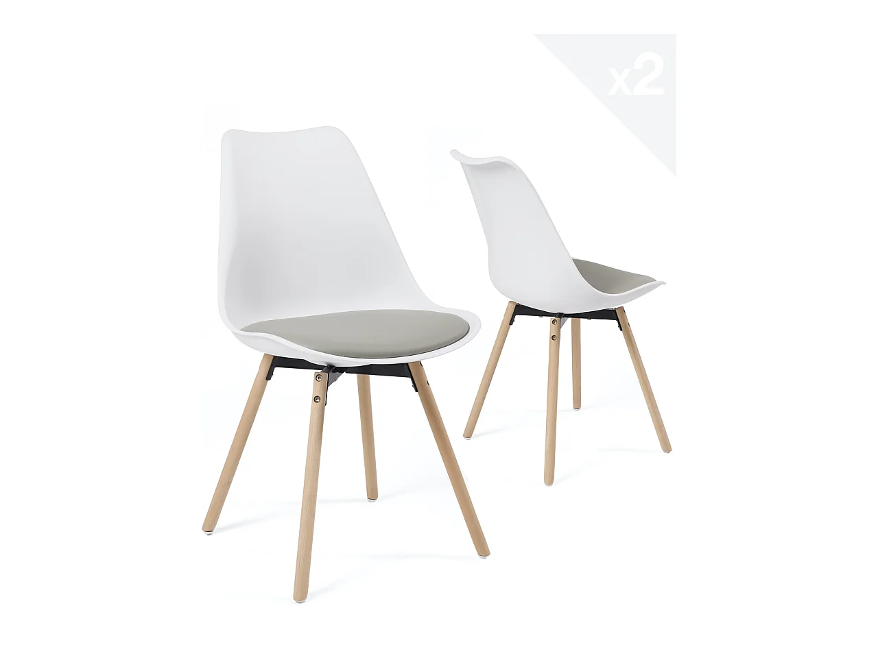 Lot 2 chaises scandinaves cuisine coussin simili cuir pieds bois clair MIA (blanc gris)