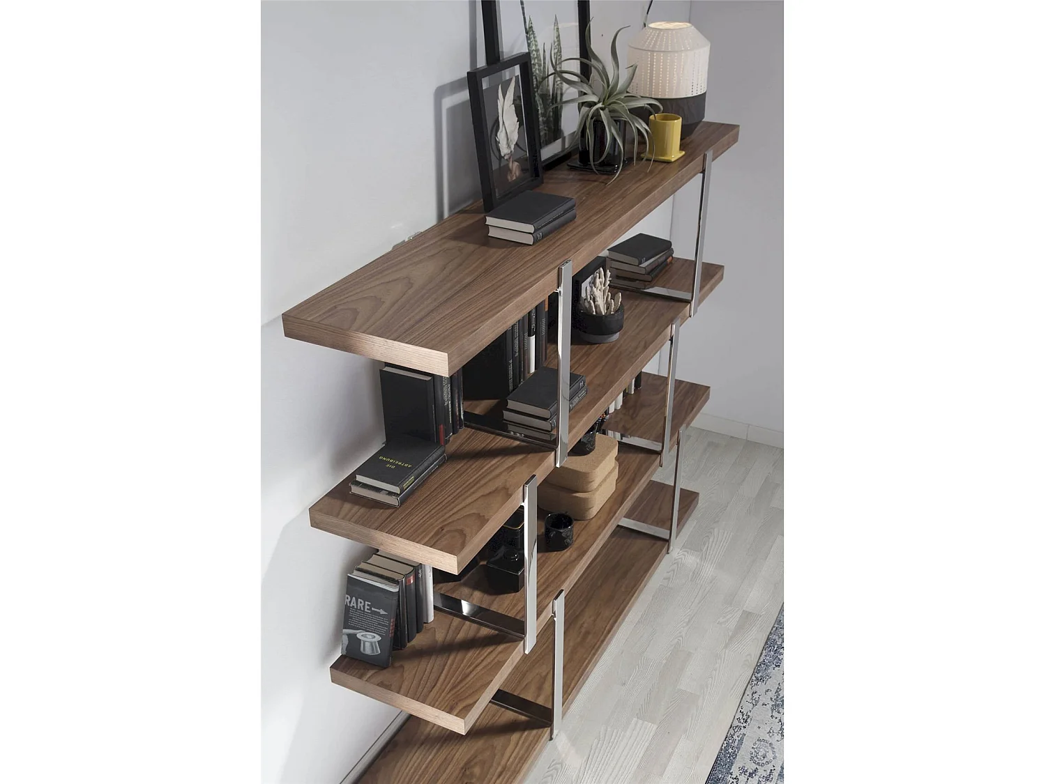 Étagère bois structure acier inoxydable chromé insert cristal translucide