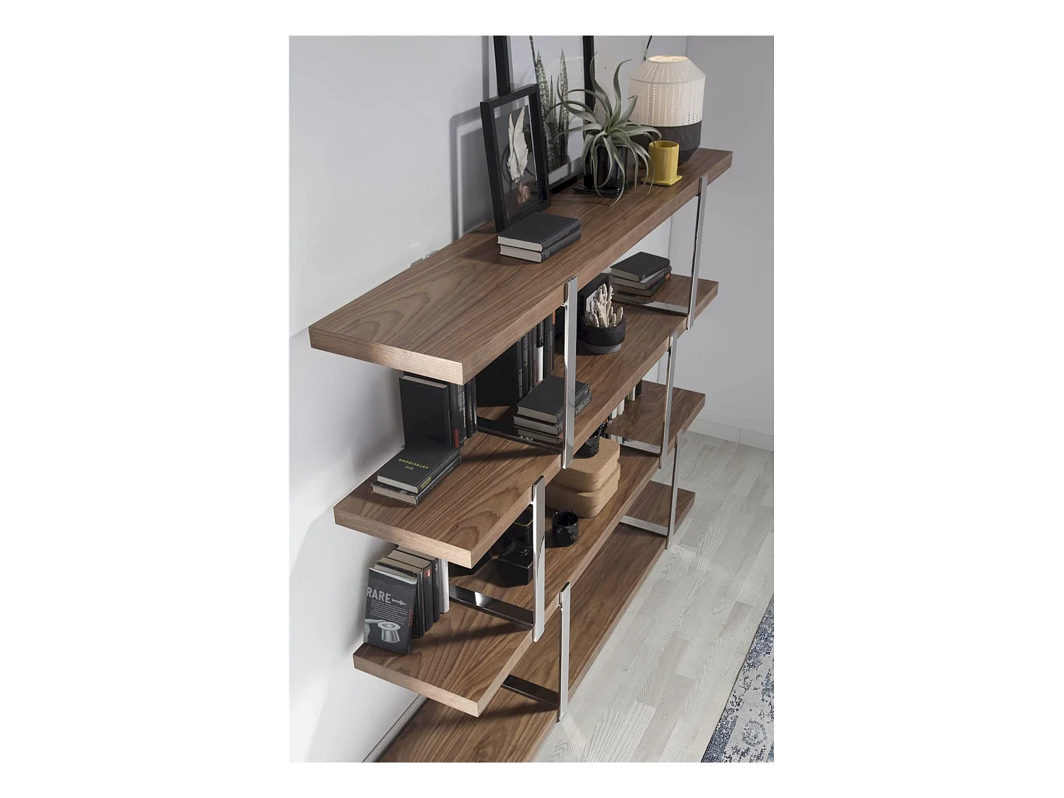 Étagère bois structure acier inoxydable chromé insert cristal translucide