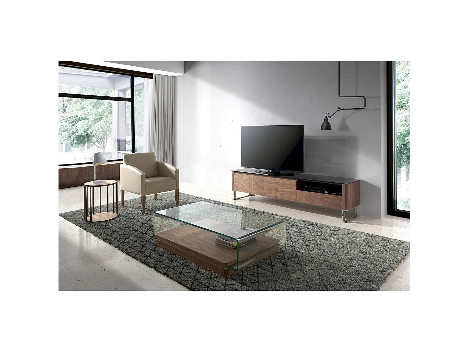 Buffet TV bois dessus en verre trempé noir 1 tiroir et étagères