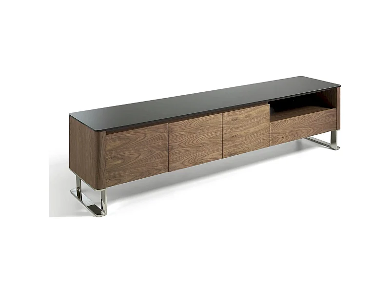 Buffet TV bois dessus en verre trempé noir 1 tiroir et étagères