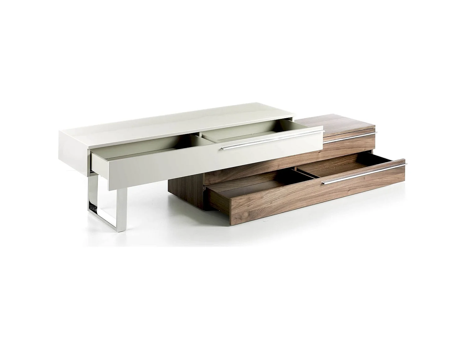 Meuble TV bois laqué poignées et pied acier inoxydable