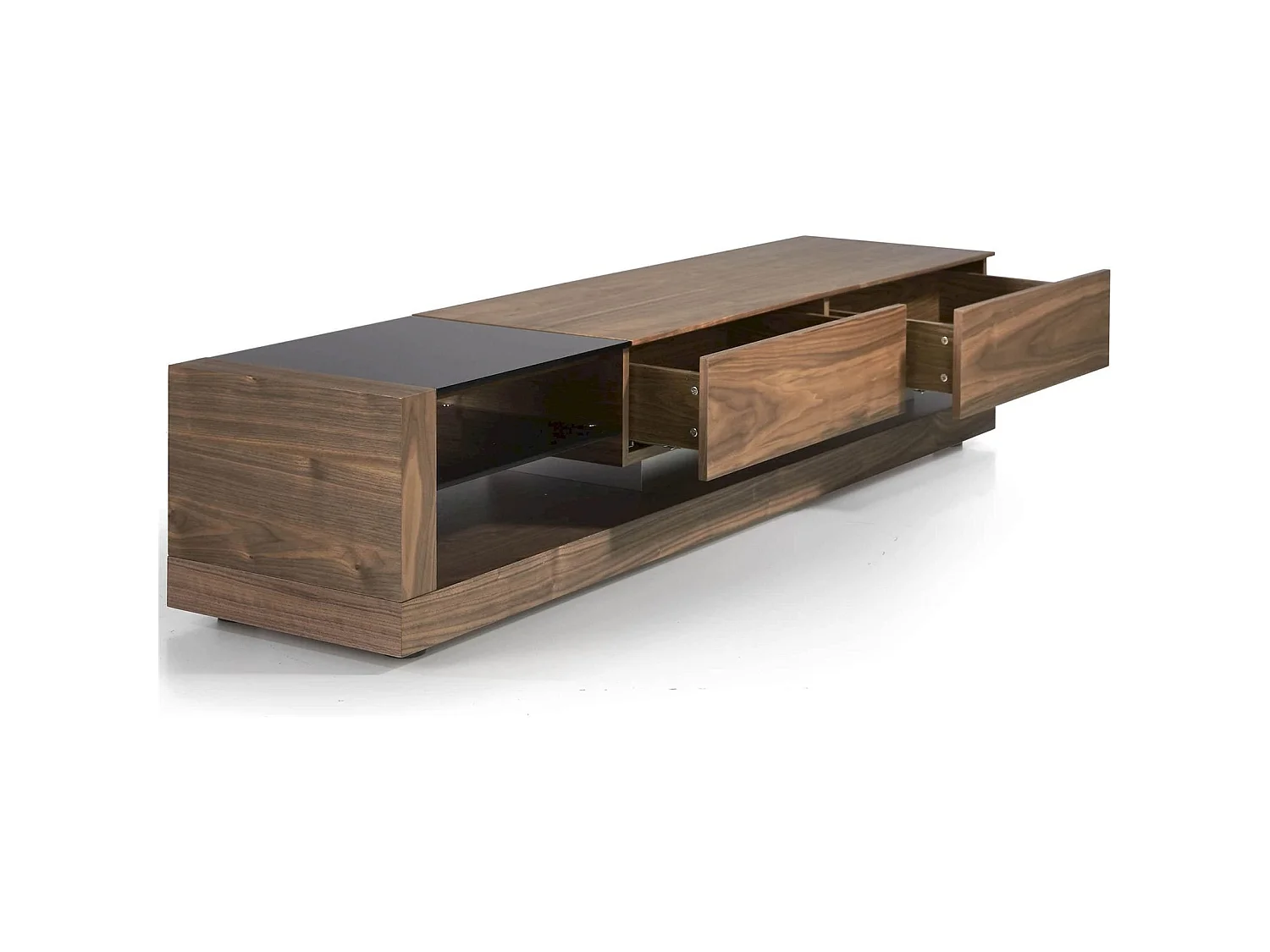 Meuble TV bois 2 tiroirs et 2 espaces ouverts de rangement insert acier poli pieds bois