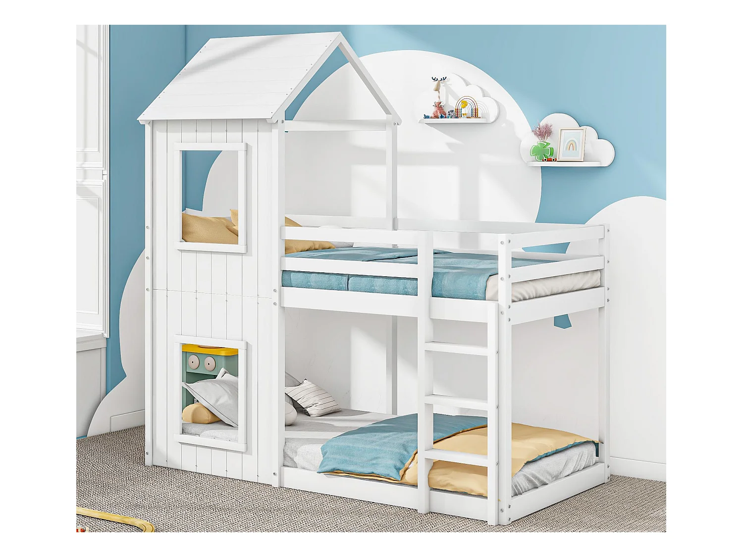 Lit superposé cabane 90x200cm - en bois massif - avec 2 fenêtres - Blanc