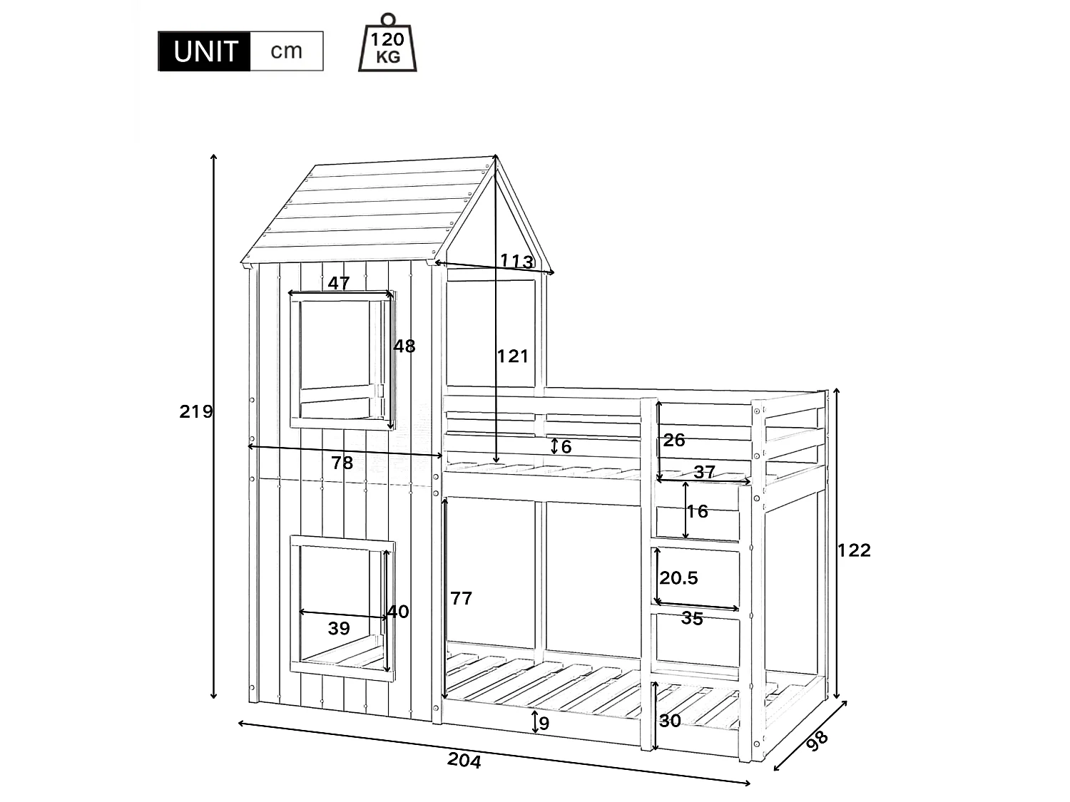 Letto a castello cabina 90x200 cm - legno massiccio - con 2 finestre - Bianco