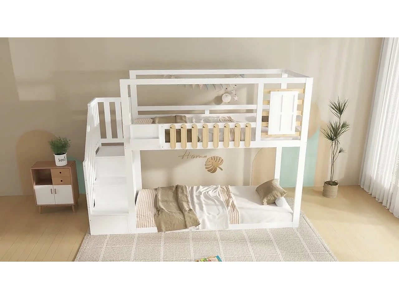 Lit superposé 90x200cm en bois massif + MDF - avec escalier de rangement - Blanc