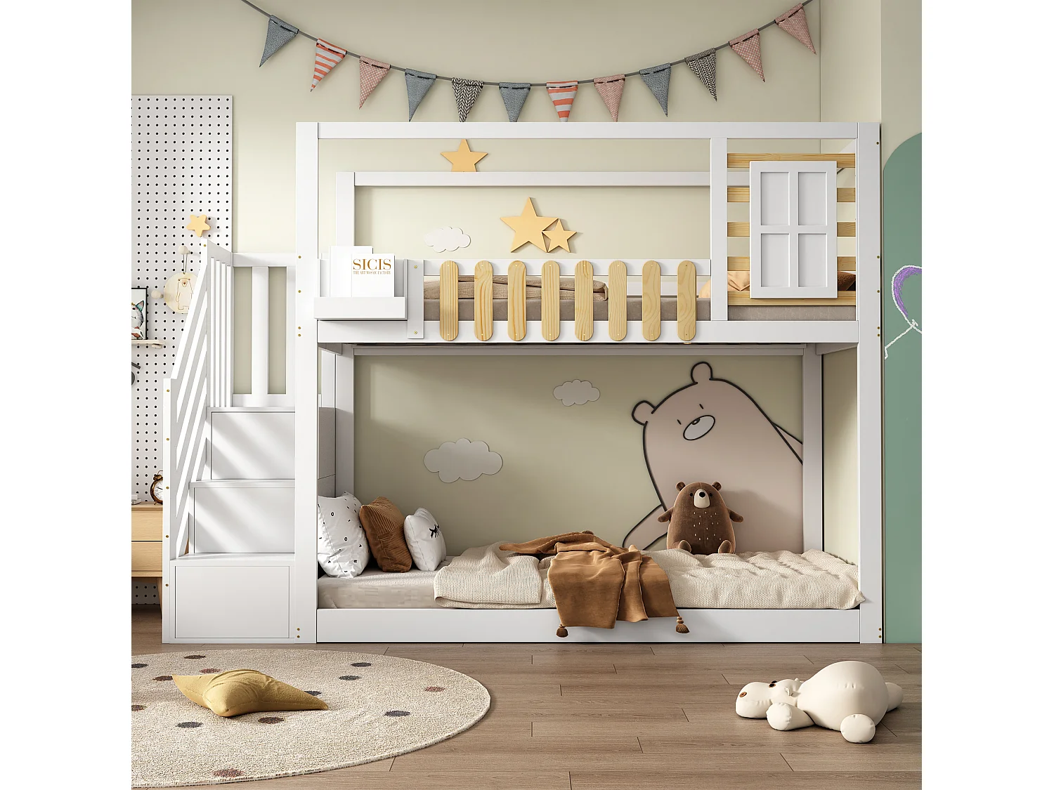 Stapelbed massief hout 90x200cm - MDF - met opbergtrap - Wit