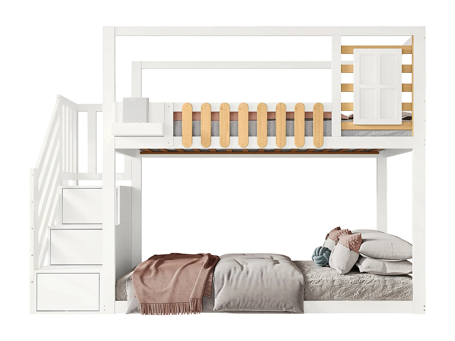 Stapelbed massief hout 90x200cm - MDF - met opbergtrap - Wit